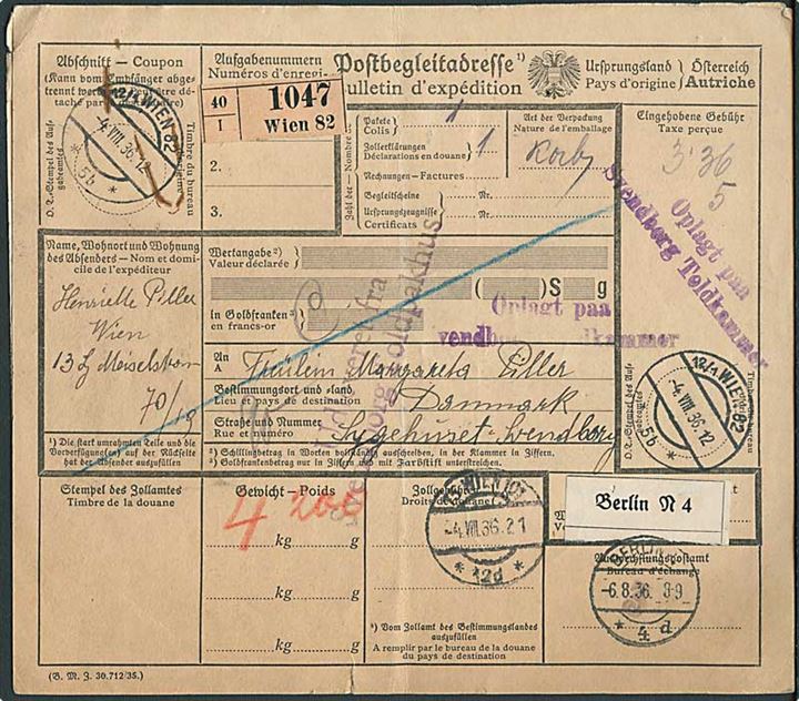 Ufrankeret internationalt adressekort for pakke fra Wien d. 4.8.1936 via Berlin og København til Svendborg, Danmark.