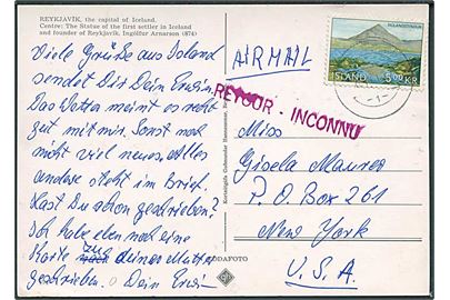 5 kr. Burlandstindur på brevkort fra Reykjavik d. 20.7.1967 til New York, USA. Retur som ubekendt.