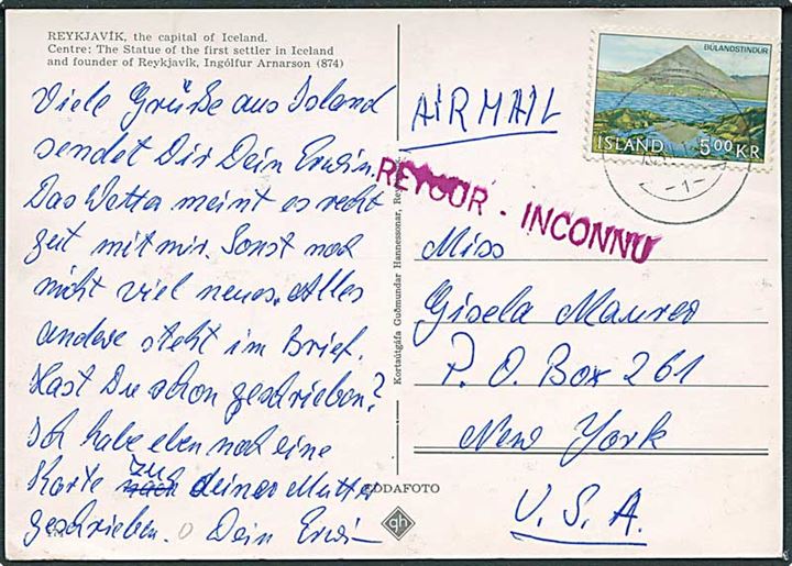 5 kr. Burlandstindur på brevkort fra Reykjavik d. 20.7.1967 til New York, USA. Retur som ubekendt.