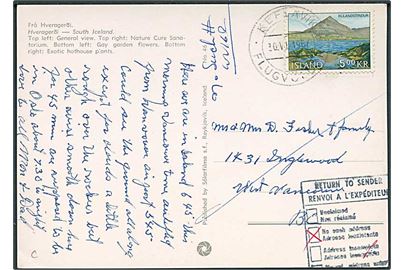 5 kr. Burlandstindur på brevkort fra Reykjavik 1967 til hotel i Quebec, Canada. Retur som ikke afhentet med flere stempler.