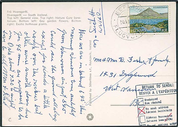 5 kr. Burlandstindur på brevkort fra Reykjavik 1967 til hotel i Quebec, Canada. Retur som ikke afhentet med flere stempler.