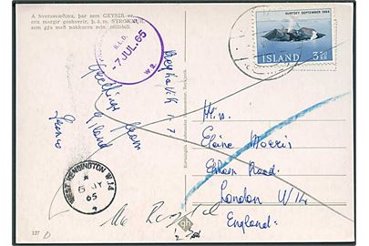 3,50 kr. Surtsey på brevkort fra Reykjavik 1965 til London, England. Retur som ubekendt.