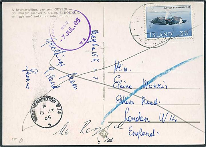 3,50 kr. Surtsey på brevkort fra Reykjavik 1965 til London, England. Retur som ubekendt.