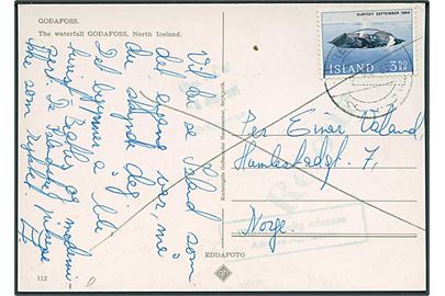 3,50 kr. Surtsey på brevkort fra Reykjavik 1965 til Norge. Retur pga. utilstrækkelig adresse.