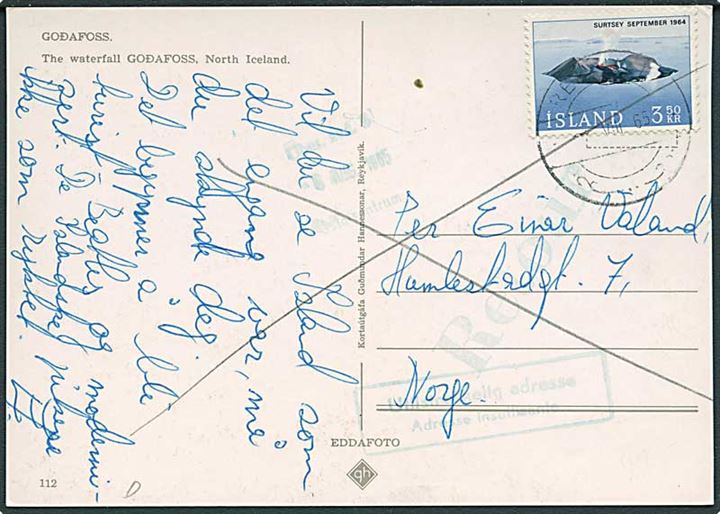 3,50 kr. Surtsey på brevkort fra Reykjavik 1965 til Norge. Retur pga. utilstrækkelig adresse.