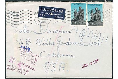 10 kr. Fridrik Fridriksson (2) på luftpostbrev fra Reykjavik d. 6.1.1971 til USA. Retur pga. utilstrækkelig adresse.