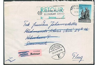 10 kr. Fridrik Fridriksson på brev fra Reykjavik d. 15.12.1970 til København, Danmark. Retur som ubekendt