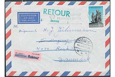 10 kr. Fridrik Fridriksson på luftpostbrev fra Reykjavik 1971 til Roskilde, Danmark. Retur med stempel: Opråbt for postbudene / Adressaten ubekendt / Roskilde postkontor.