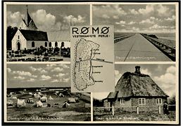 Rømø. Kirken, Dæmningen, Campingpladsen, Den gamle Skole og kort over. Stenders no. 98728.