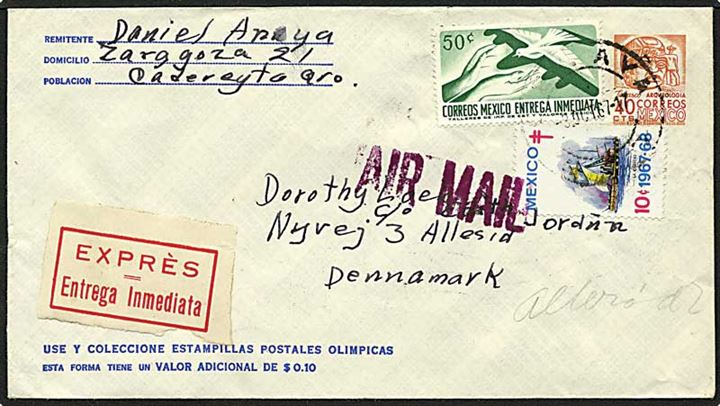 100 cent på expres luftpostbrev fra Mexico d. 3.10.1967 til Allerød.
