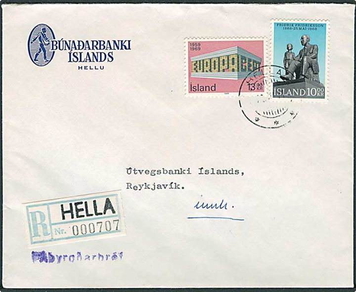 10 kr. Fridrik Fridriksson og 13 kr. Europa udg. på anbefalet brev fra Hella 1971 til Reykjavik.