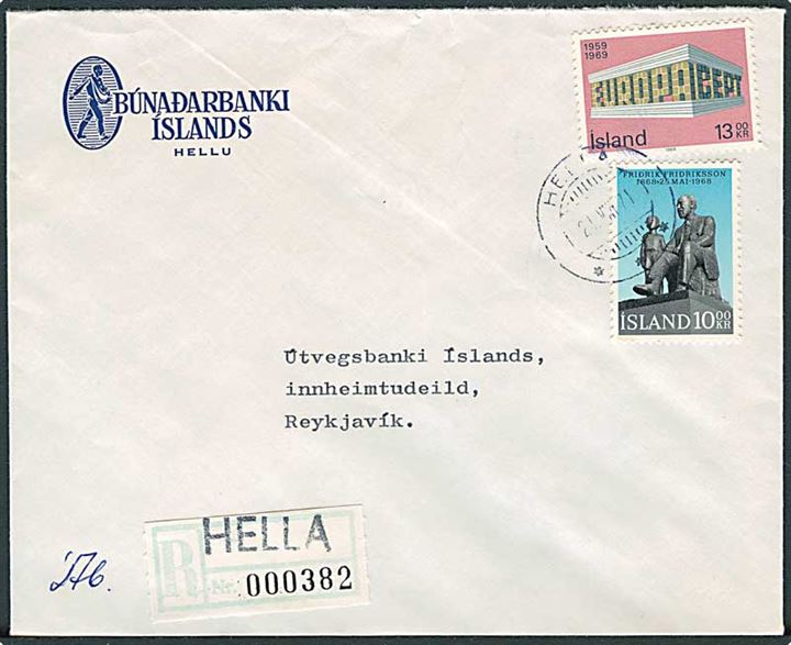 10 kr. Fridrik Fridriksson og 13 kr. Europa udg. på anbefalet brev fra Hella d. 24.8.1971 til Reykjavik.