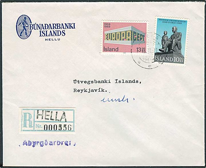 10 kr. Fridrik Fridriksson og 13 kr. Europa udg. på anbefalet brev fra Hella 16.2.1971 til Reykjavik.