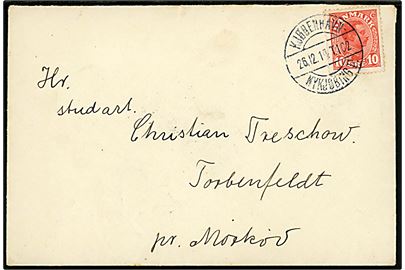 10 øre Chr. X på brev annulleret med brotype IIe bureaustempel Kjøbenhavn - Nykjøbing F. T.102 d. 26.12.1914 til Torbenfeldt pr. Mørkøv. 