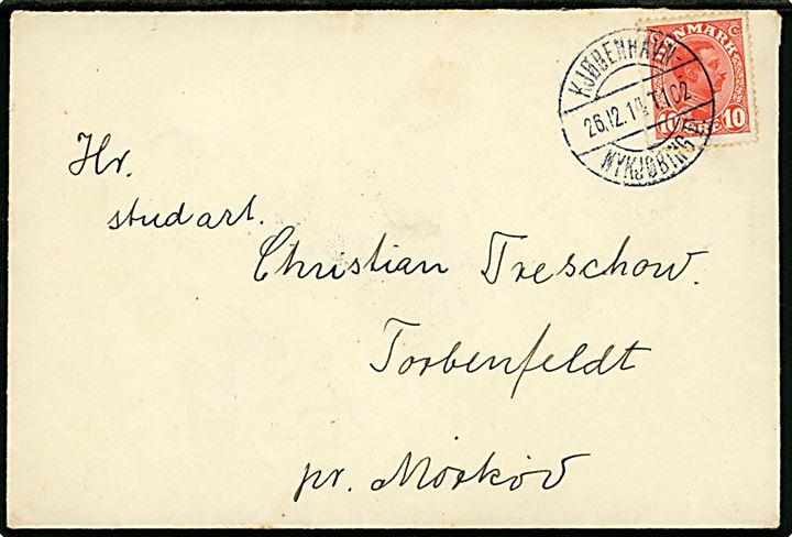 10 øre Chr. X på brev annulleret med brotype IIe bureaustempel Kjøbenhavn - Nykjøbing F. T.102 d. 26.12.1914 til Torbenfeldt pr. Mørkøv. 