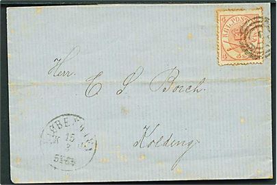 4 sk. Krone/Scepter på brev annulleret med nr.stempel 1 og sidestemplet Kiøbenhavn d. 15.3.1867 til Kolding.