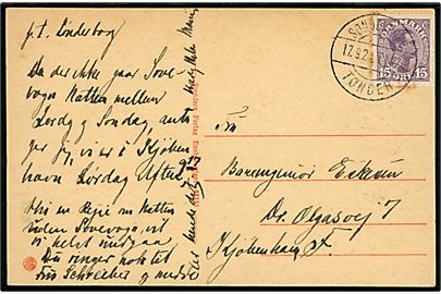 15 øre Chr. X på brevkort fra Sønderborg annulleret med bureaustempel Sønderborg - Tønder sn1 T.1420 d. 17.9.1923 til København.