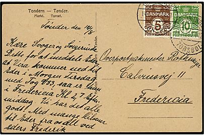 5 øre og 10 øre Bølgelinie på brevkort fra Tønder annulleret med bureau Tønder-Tinglev-Tørsbøl sn3 T.1421 d. 14.8.1922 til Fredericia.