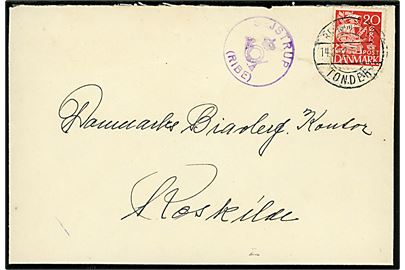 20 øre Karavel på brev annulleret med bureaustempel Bramminge - Tønder T.493 d. 14.8.1942 og sidestemplet med posthornstempel SEJSTRUP (RIBE) til Roskilde.