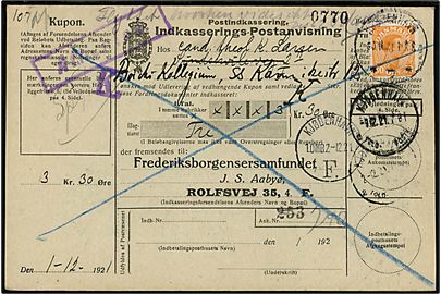 30 øre Chr. X single på retur Indkasserings-Postanvisning sendt lokalt i Kjøbenhavn d. 30.11.1921.