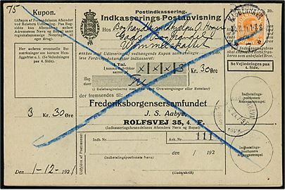 30 øre Chr. X single på retur Indkasserings-Postanvisning sendt lokalt i Kjøbenhavn d. 30.11.1921.