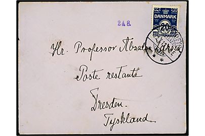 20 øre Bølgelinie sortblå på brev fra Gjentofte d. 22.7.1913 til professor Absalon Larsen, poste restante i Dresden, Tyskland.