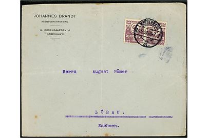 15 øre Bølgelinie i parstykke på 2. vægtkl. brev fra Kjøbenhavn d. 29.5.1911 til Löbau, Tyskland. Folder.