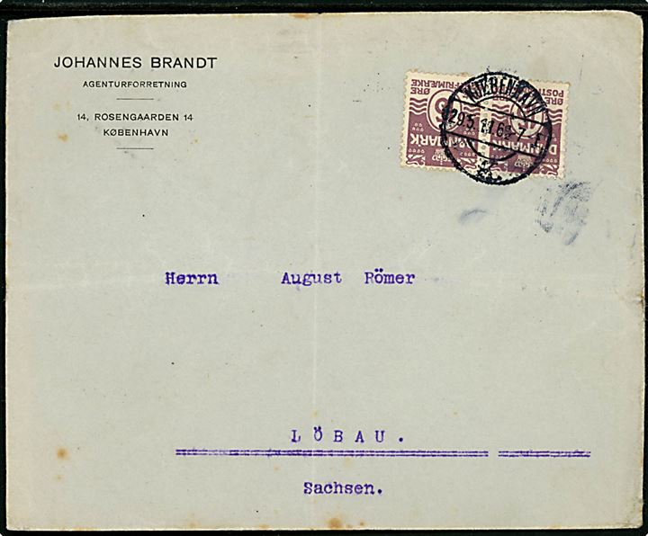 15 øre Bølgelinie i parstykke på 2. vægtkl. brev fra Kjøbenhavn d. 29.5.1911 til Löbau, Tyskland. Folder.