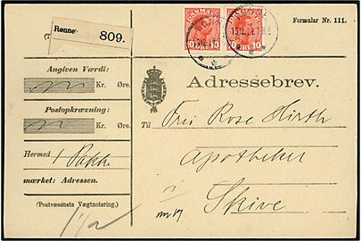 10 øre Chr. X i parstykke på adressebrev for pakke fra Rønne d. 15.12.1914 til Skive. 