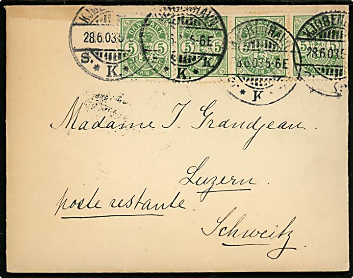 5 øre Våben i 4-stribe på brev fra Kjøbenhavn d. 28.6.1903 til poste restante i Luzern, Schweiz.