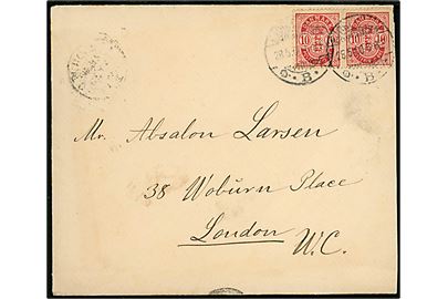 10 øre Våben i parstykke på brev fra Kjøbenhavn d. 28.5.1900 til Absalon Larsen i London, England.