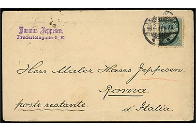 20 øre Våben på brev fra Kjøbenhavn d. 20.2.1897 til poste restante i Rom, Italien.