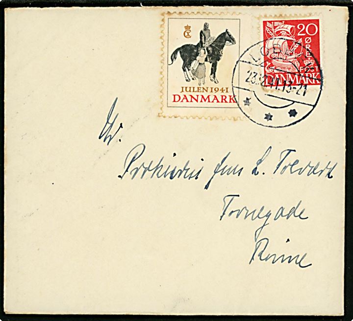 20 øre Karavel og Julemærke 1941 på brev med indhold annulleret med brotype IIc Lobbæk d. 23.12.1941 til Rønne.