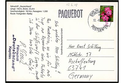 Tysk 70 c. på brevkort (Færgen Deutschland) sendt fra Fredericia med dansk stempel Sydjyllands Postcenter d. 12.6.2008 og sidestemplet PAQUEBOT til Aschaffenburg, Tyskland.