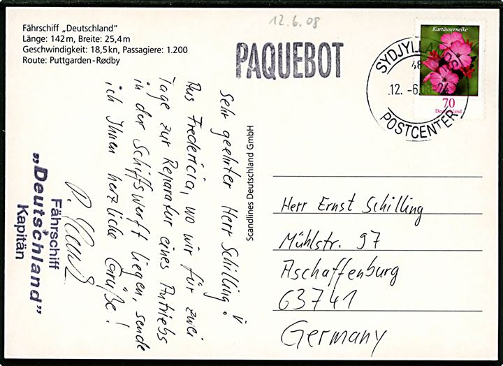 Tysk 70 c. på brevkort (Færgen Deutschland) sendt fra Fredericia med dansk stempel Sydjyllands Postcenter d. 12.6.2008 og sidestemplet PAQUEBOT til Aschaffenburg, Tyskland.
