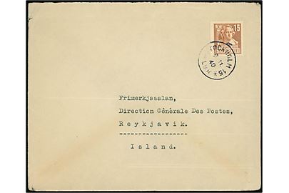 15 öre Sergel på brev fra Stockholm d. 6.11.1940 til Reykjavik, Island. Uden tegn på censur. 