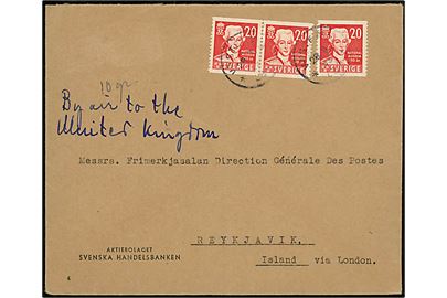 20 öre Nationalmuseum (3) på luftpostbrev påskrevet By air to the United Kingdom fra Västervik d. 28.6.1943 til Reykjavik, Island. Uden tegn på censur.