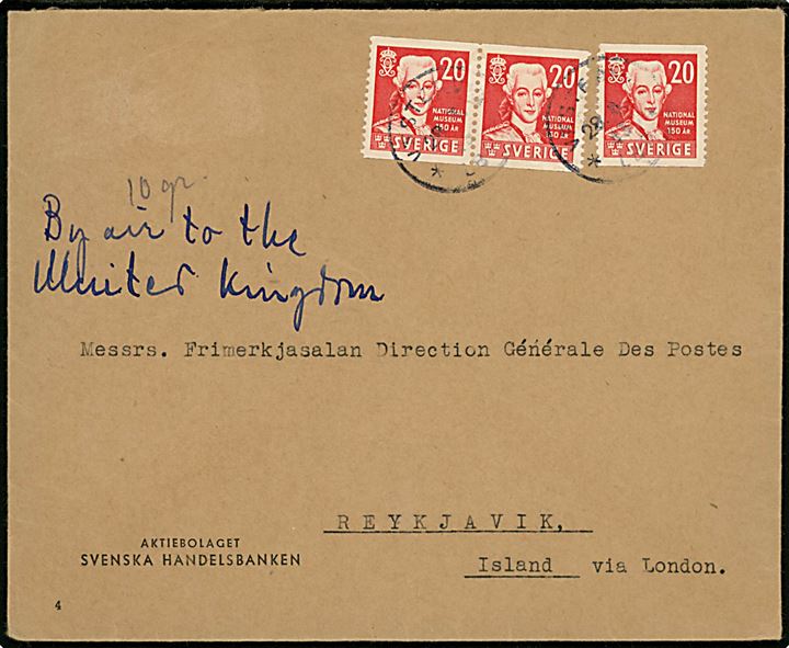 20 öre Nationalmuseum (3) på luftpostbrev påskrevet By air to the United Kingdom fra Västervik d. 28.6.1943 til Reykjavik, Island. Uden tegn på censur.