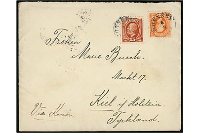 15 öre og 25 öre Oscar II på brev fra Ronneby d. 8.3.1903 til Kiel, Tyskland. Påskrevet: Via Korsør.