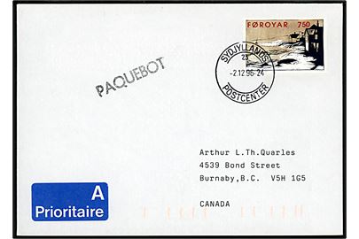 750 øre Janus Kamban single på A-brev annulleret med dansk stempel Sydjyllands Postcenter d. 2.12.1996 og sidestemplet Paquebot til Burnaby, Canada.