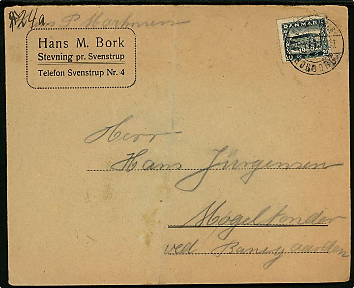 20 øre Genforening på brev fra Stevning pr. Svenstrup annulleret med bureaustempel Sønderborg - Nørborg sn2 T.07 d. 29.1.1921 til Møgeltønder.