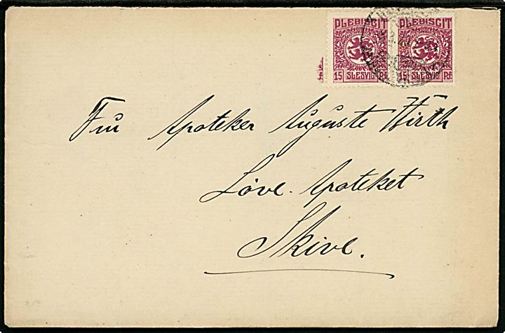 15 pfg. Fælles udg. i parstykke på brev fra Hadersleben d. 8.3.1920 til Skive, Danmark.