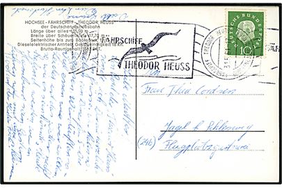 10 pfg. Heuss på brevkort (Færgen Theodor Heuss) annulleret med skibsstempel Fährschiff Theodor Heuss Grossenbrode - Gedser d. 31.5.1961 til Jagel, Tyskland.