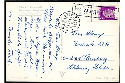 DDR 15 pfg. Ulbricht på brevkort (Færgen Warnemünde) annulleret med skibsstempel Fra Warnemünde og sidestemplet Gedser d. 19.7.1968 til Flensburg, Tyskland.