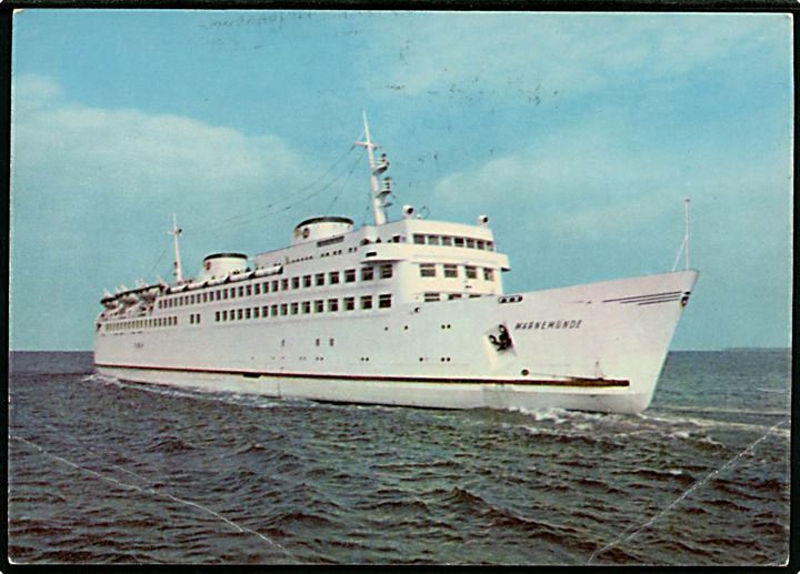 DDR 15 pfg. Ulbricht på brevkort (Færgen Warnemünde) annulleret med skibsstempel Fra Warnemünde og sidestemplet Gedser d. 19.7.1968 til Flensburg, Tyskland.
