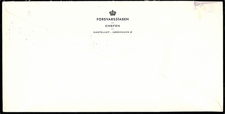 80 øre Fr. IX (3) på fortrykt kuvert fra Chefen for Forsvarsstaben på Kastellet sendt som luftpost fra København 22 d. 15.9.1958 til den norske rear admiral D. E. Kjeholt, Norwegian Military Mission i Washington, USA. Fold.