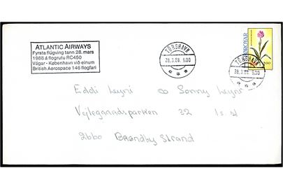 300 øre Blomster single på 1. flyvningebrev fra Tórshavn d. 28.3.1988 til Brøndby Strand, Danmark. Første flyvning med Atlantic Airways fra Vágar d. 28.3.1988 til København.
