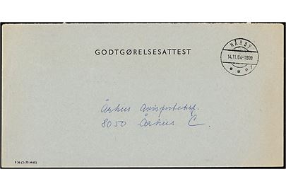 Ufrankeret fortrykt kuvert Godtgørelsesattest - F36 (2-75 M65) - stemplet Hårby d. 14.11.1984 til Århus C.