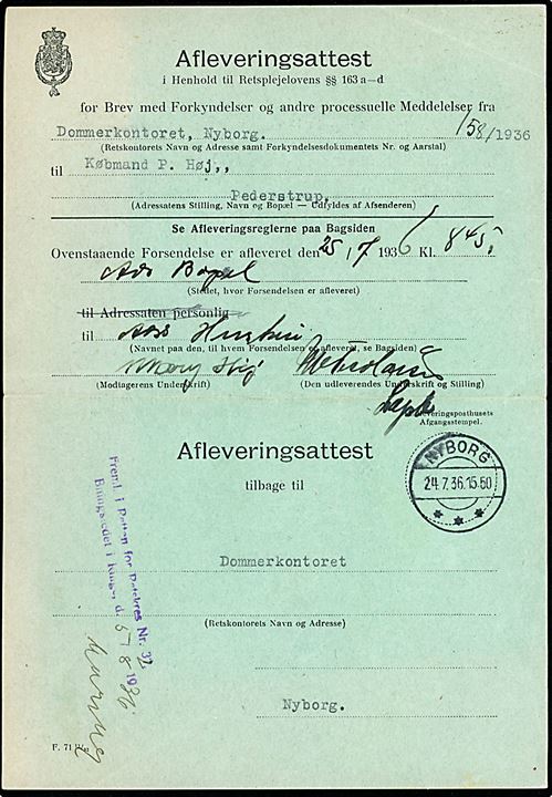 Afleveringsattest - formular F.71 11/32 - stemplet Nyborg d. 24.7.1936.