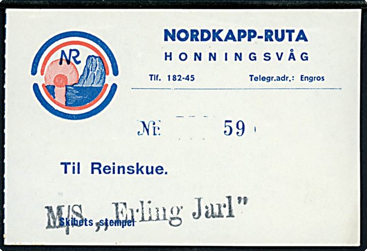 Illustreret bevis for at have passeret Polarcirklen ombord på M/S Erling Jarl d. 13.6.1954. På bagsiden poststempel Trondheim - Kirkenes / Nordkapp d. 13.6.1954. Medfølger billet til reinskue i Honningvaag.